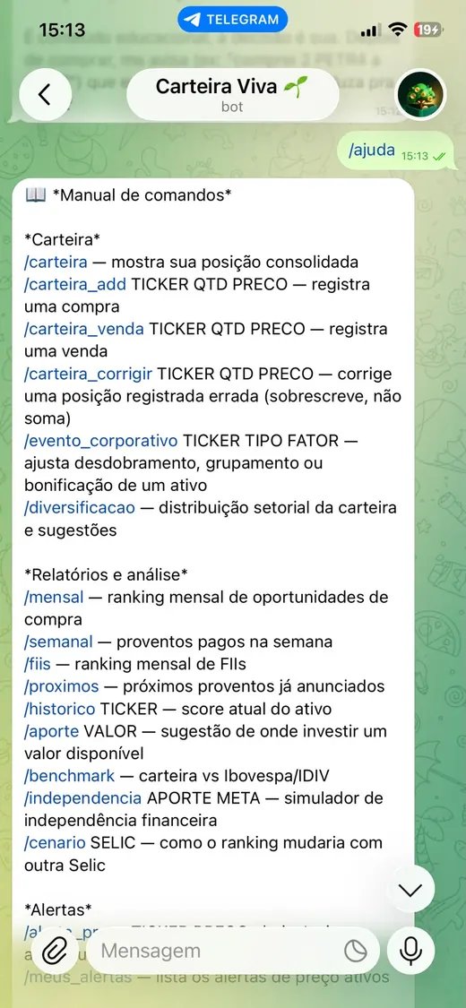 Print real do manual de comandos do Carteira Viva no Telegram