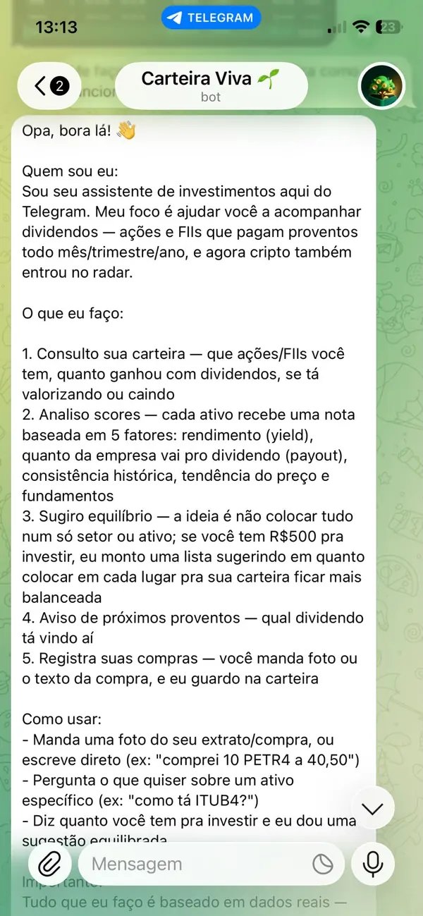 Print real do Carteira Viva no Telegram mostrando o ranking de oportunidades do mês